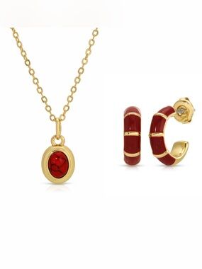 NWT Leeada Maroon Stone Pendant Necklace & Hoop Earrings Jewelry Set Gold-Plated